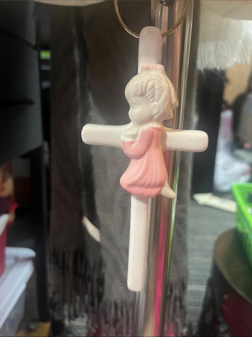 VTG Porcelain Girl dressed in pink praying on a cross 422